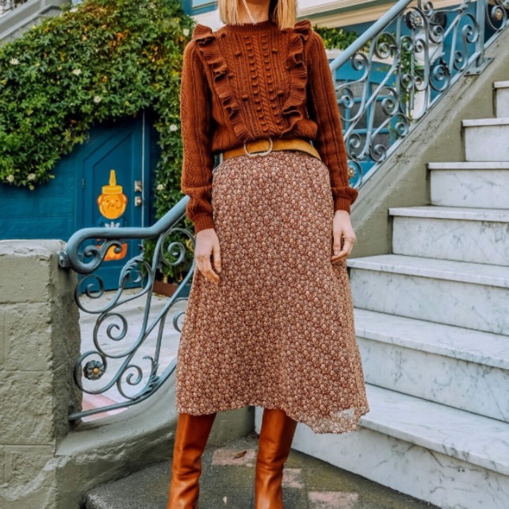 Sezane Brown Cream A-line Midi Skirt Work